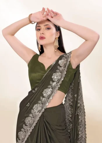 Sequins Embroidery Work Party Wear Chinon Silk Saree