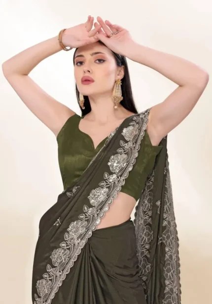 Sequins Embroidery Work Party Wear Chinon Silk Saree