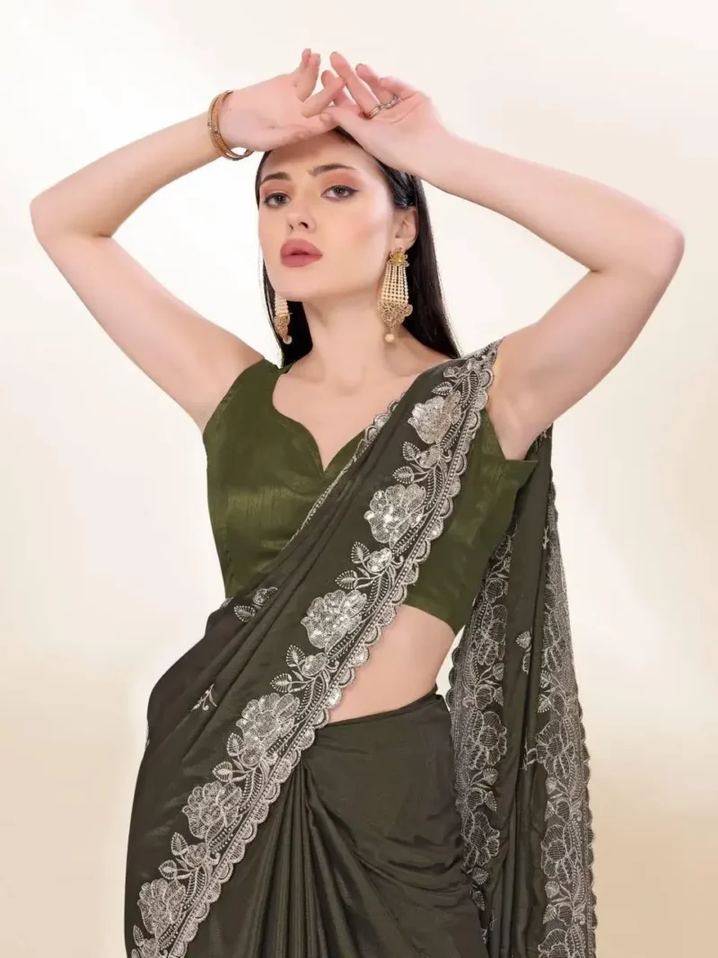 Sequins Embroidery Work Party Wear Chinon Silk Saree