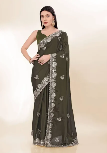 Sequins Embroidery Work Party Wear Chinon Silk Saree