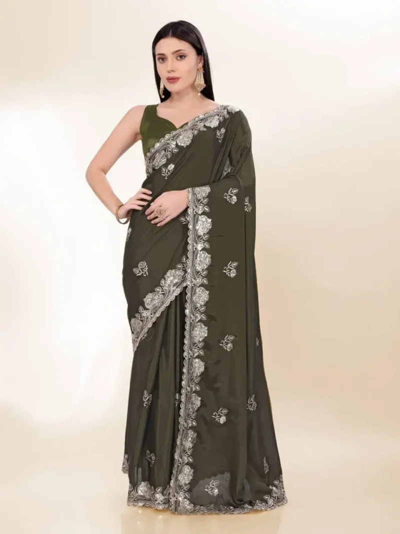 Sequins Embroidery Work Party Wear Chinon Silk Saree