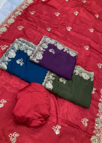 Sequins Embroidery Work Party Wear Chinon Silk Saree