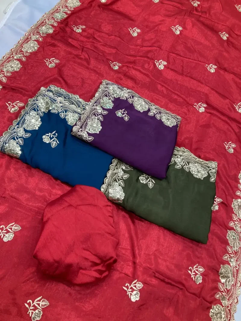 Sequins Embroidery Work Party Wear Chinon Silk Saree