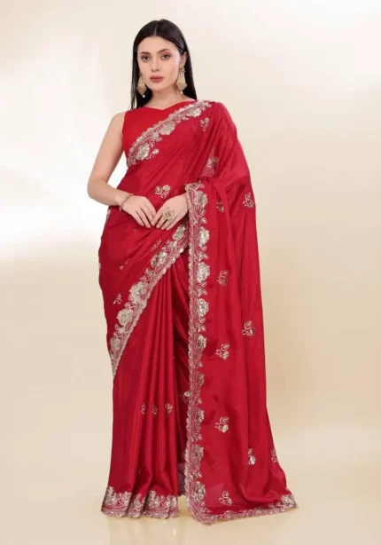 Sequins Embroidery Work Party Wear Chinon Silk Saree