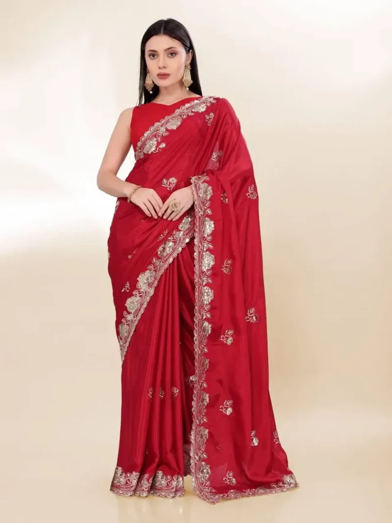 Sequins Embroidery Work Party Wear Chinon Silk Saree