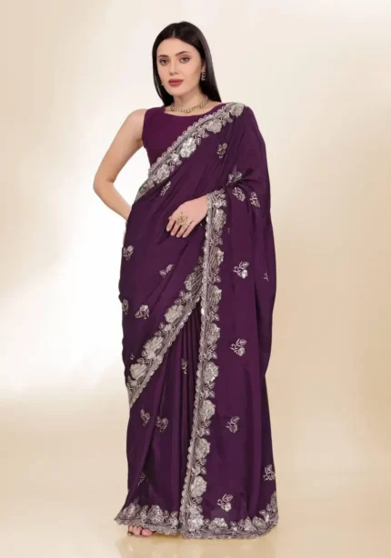 Sequins Embroidery Work Party Wear Chinon Silk Saree