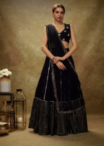 Sequins With Jari and Paper Mirror Embroidery Work Georgette Party Wear Lehenga Choli