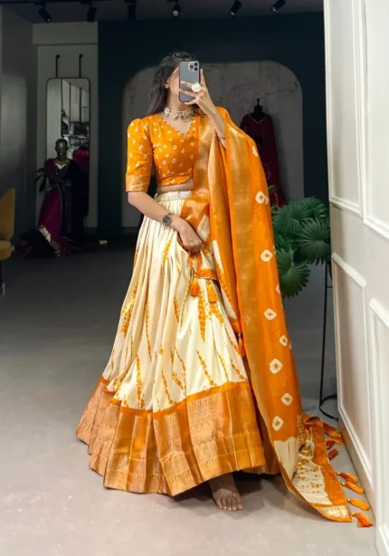 Shibori Printed Dola Silk South Indian Voni Lehenga