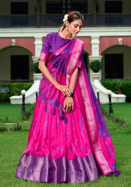 Shibori Printed Dola Silk South Indian Voni Lehenga