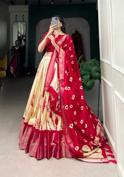 Shibori Printed Dola Silk South Indian Voni Lehenga