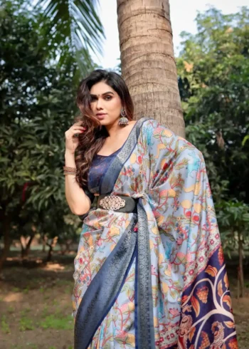 Buy Rajwadi saree 30 Sky Blue Base Floral and Paisley Motifs Printed Tussar Silk Saree
