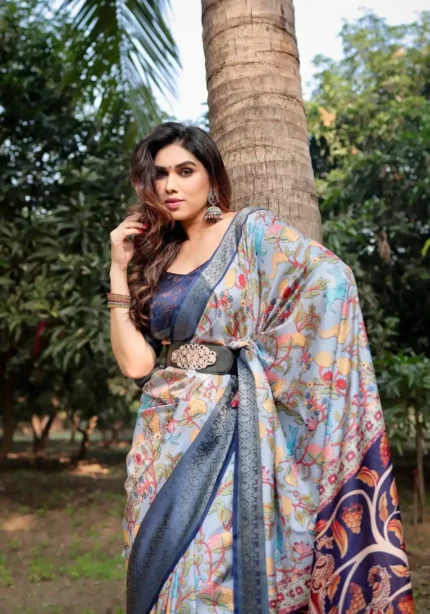 Sky Blue Base Floral and Paisley Motifs Printed Tussar Silk Saree