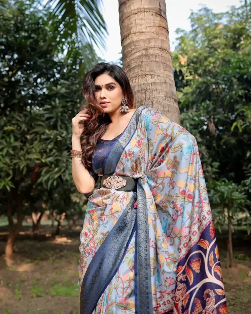 Sky Blue Base Floral and Paisley Motifs Printed Tussar Silk Saree
