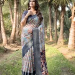 Sky Blue Base Floral and Paisley Motifs Printed Tussar Silk Saree