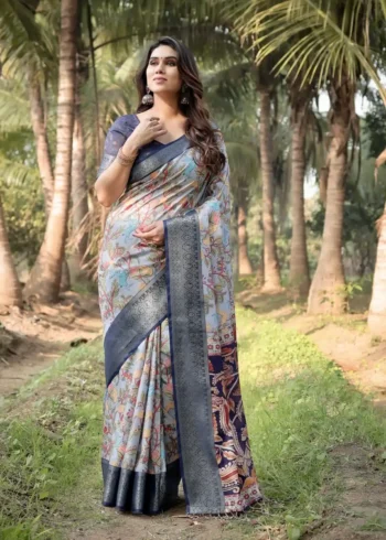 Sky Blue Base Floral and Paisley Motifs Printed Tussar Silk Saree