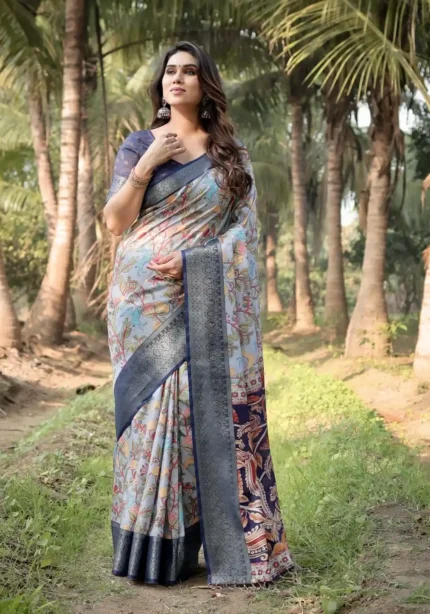 Sky Blue Base Floral and Paisley Motifs Printed Tussar Silk Saree