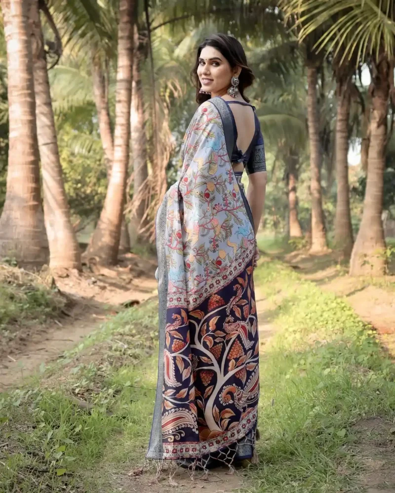Sky Blue Base Floral and Paisley Motifs Printed Tussar Silk Saree