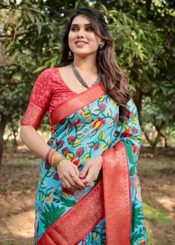 Buy Rajwadi saree 12 Sky Blue Base With a Striking Red Zari Border Tussar Silk Saree