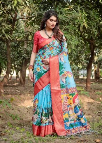 Sky Blue Base With a Striking Red Zari Border Tussar Silk Saree