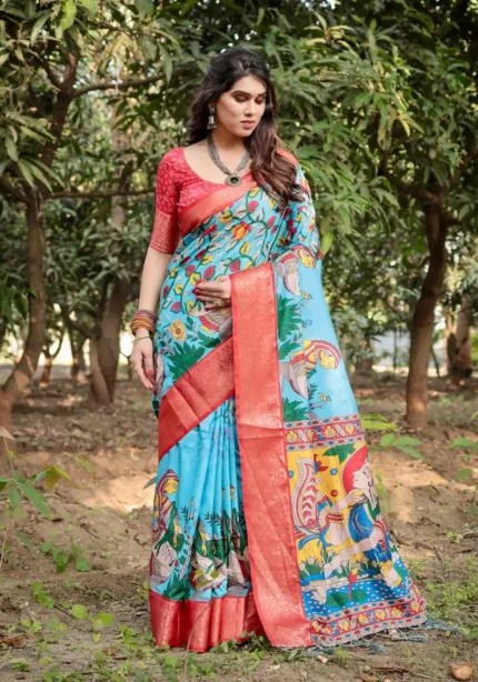 Sky Blue Base With a Striking Red Zari Border Tussar Silk Saree