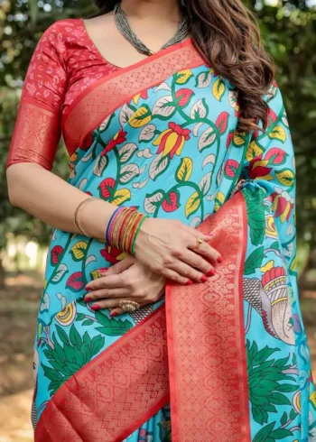 Sky Blue Base With a Striking Red Zari Border Tussar Silk Saree