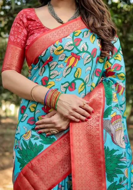 Sky Blue Base With a Striking Red Zari Border Tussar Silk Saree
