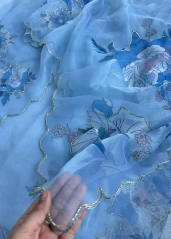 Sky Blue Cutdana Aarka Border Party Wear Organza Saree