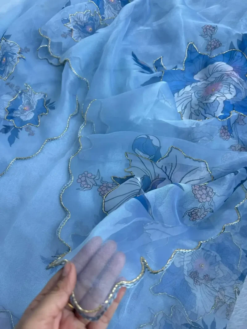 Sky Blue Cutdana Aarka Border Party Wear Organza Saree
