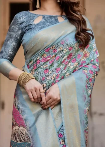 Sky Blue Digital Printed Silk Saree