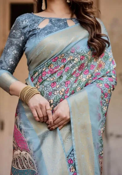 Sky Blue Digital Printed Silk Saree