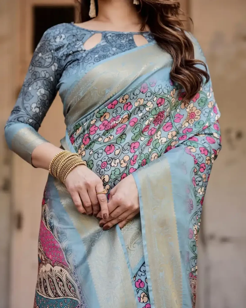 Sky Blue Digital Printed Silk Saree