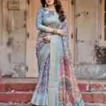 Sky Blue Digital Printed Silk Saree