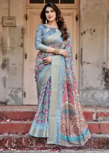 Sky Blue Digital Printed Silk Saree