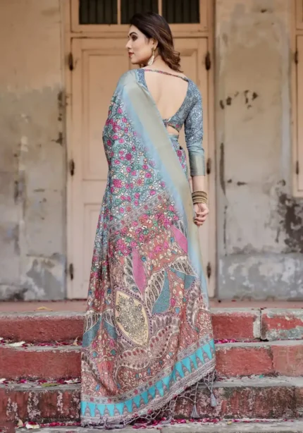 Sky Blue Digital Printed Silk Saree