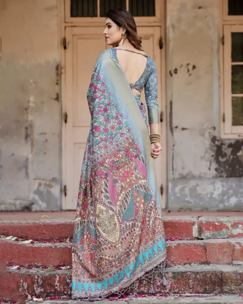 Sky Blue Digital Printed Silk Saree