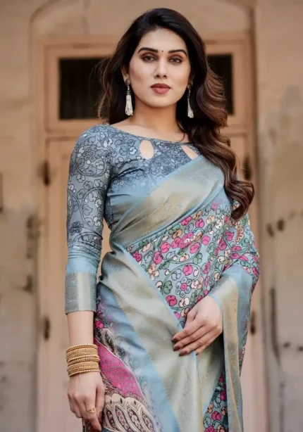 Sky Blue Digital Printed Silk Saree