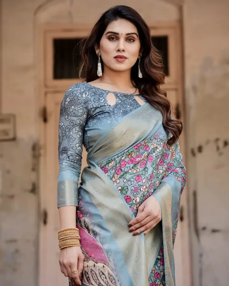 Sky Blue Digital Printed Silk Saree