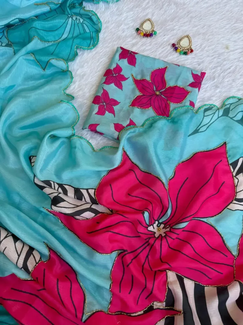 Sky Blue Gold Rainbow Cutdana Handwork Designer Saree