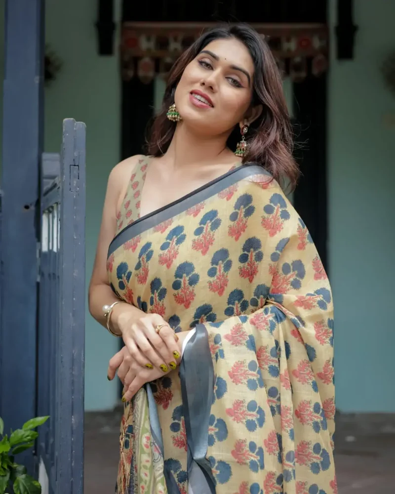 Soft Beige Linen Saree With Blue and Coral Floral Prints
