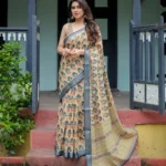 Soft Beige Linen Saree With Blue and Coral Floral Prints
