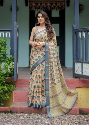 Soft Beige Linen Saree With Blue and Coral Floral Prints