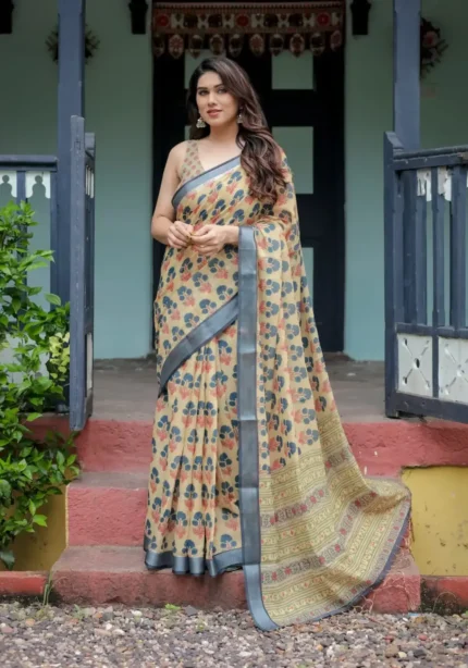 Soft Beige Linen Saree With Blue and Coral Floral Prints