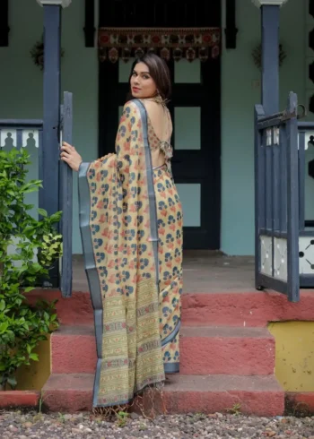 Soft Beige Linen Saree With Blue and Coral Floral Prints