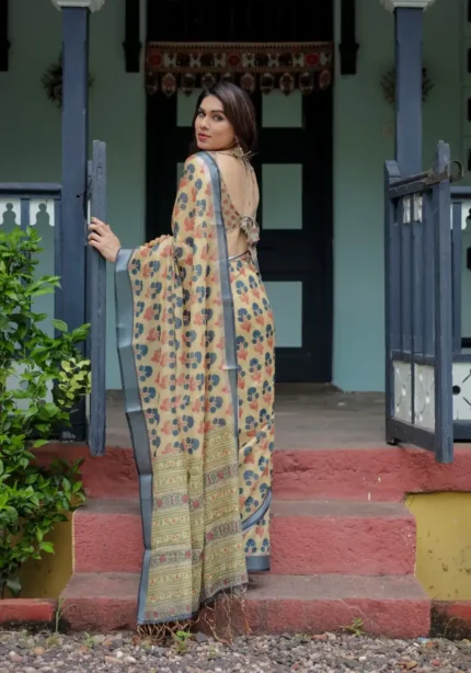 Soft Beige Linen Saree With Blue and Coral Floral Prints