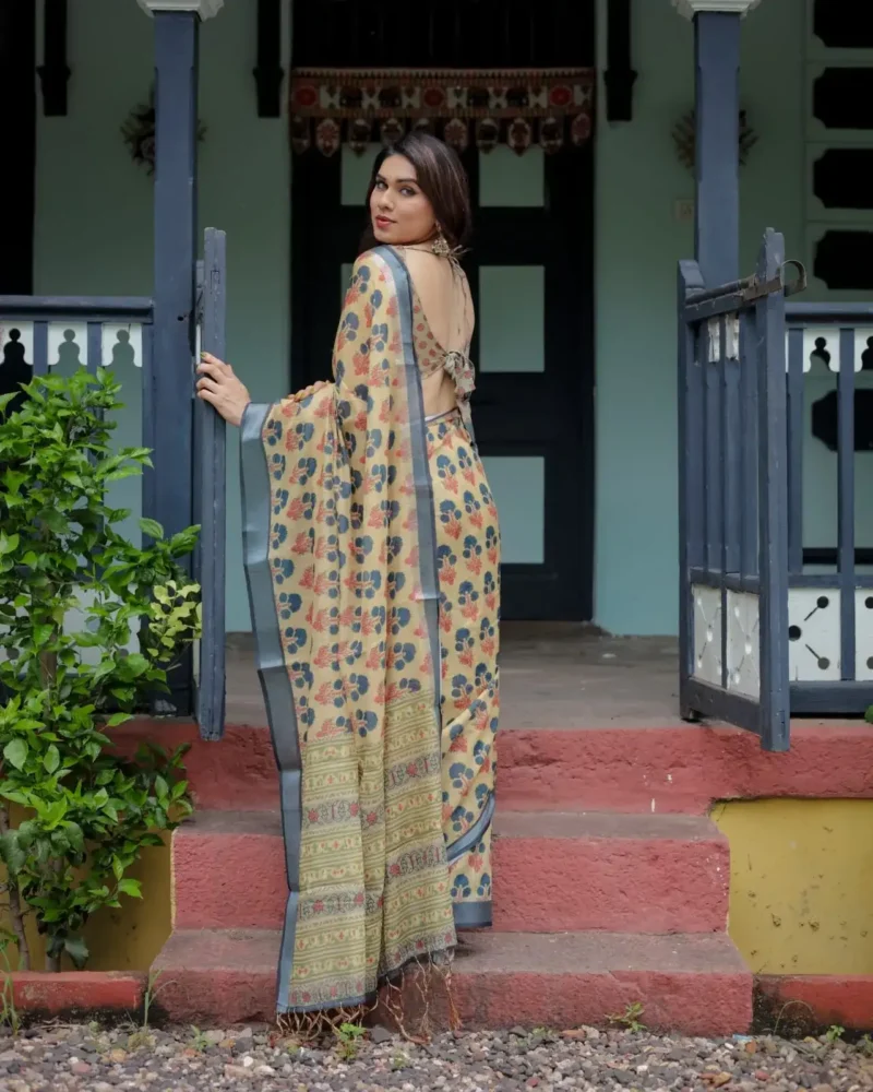 Soft Beige Linen Saree With Blue and Coral Floral Prints