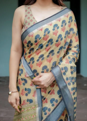 Soft Beige Linen Saree With Blue and Coral Floral Prints