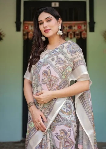 Soft Beige With Pastel Multicolor Artistic Motifs Linen Saree