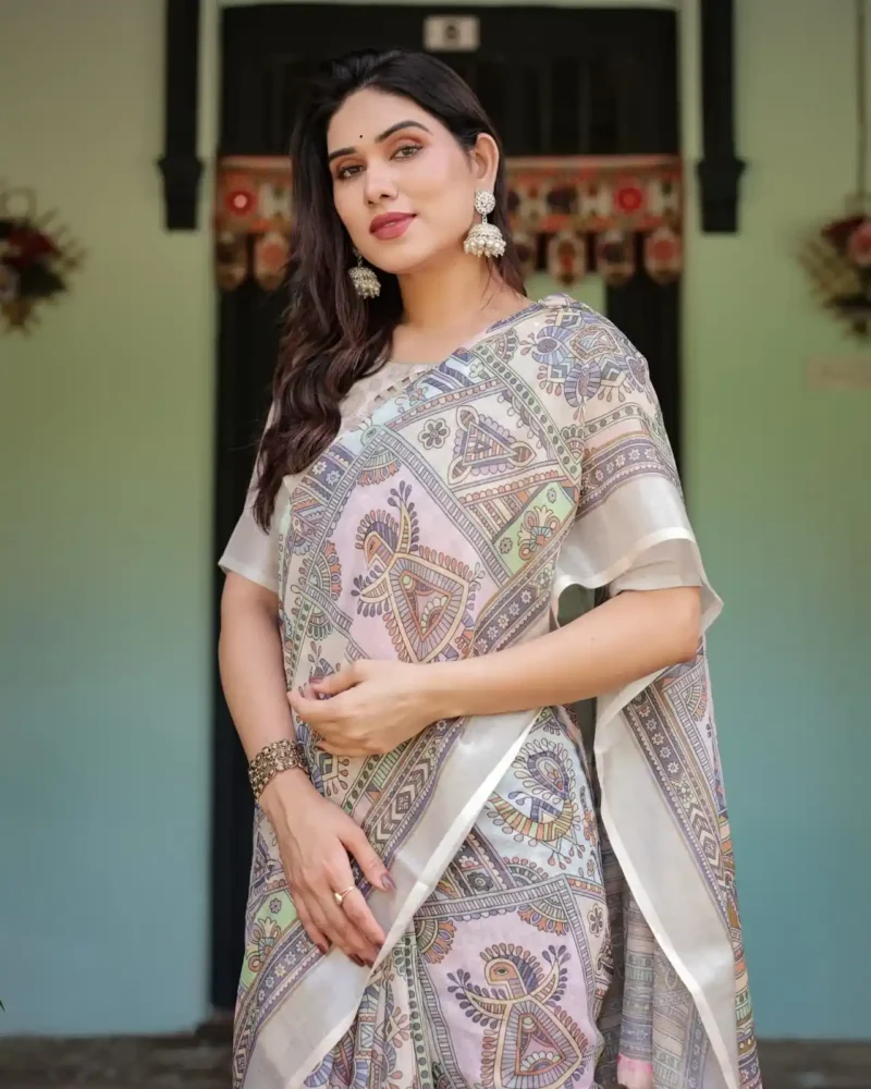 Soft Beige With Pastel Multicolor Artistic Motifs Linen Saree