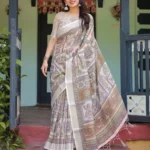 Soft Beige With Pastel Multicolor Artistic Motifs Linen Saree