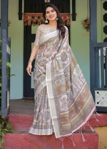 Soft Beige With Pastel Multicolor Artistic Motifs Linen Saree